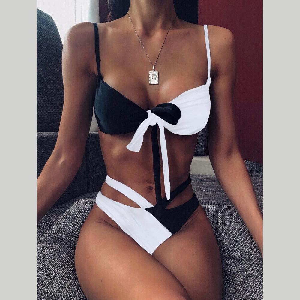 Ensemble de bikini solide Maillot de bain femme Bikini Maillot de bain femme Haut court Licou Maillot de bain Maillot de bain Bikini Coupe haute Maillot de bain taille haute Grande taille Maillot de bain d'été