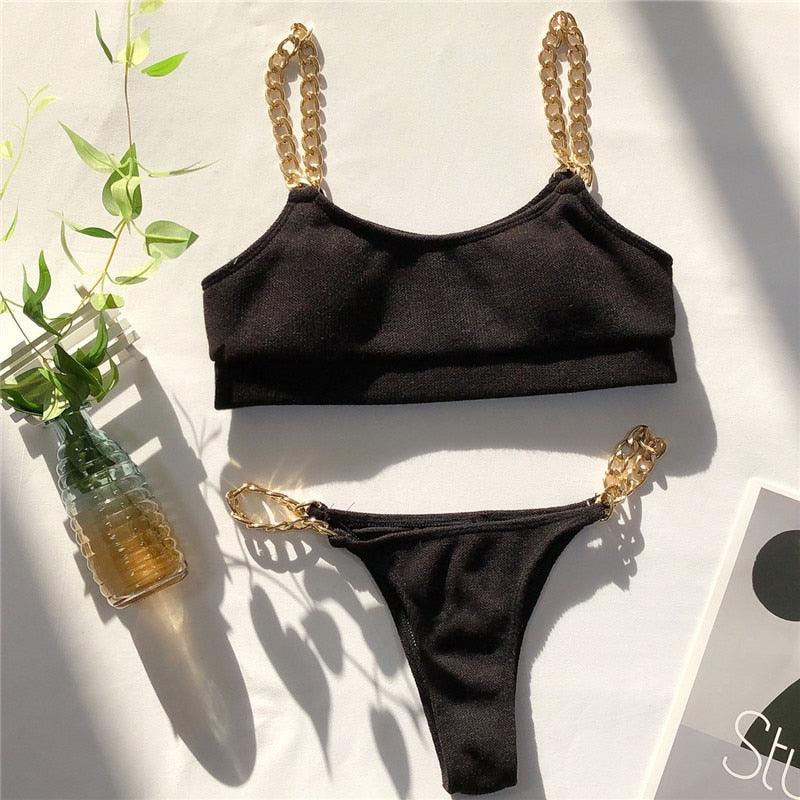 Ensemble de bikini moderne noir maillot de bain chaîne femme maillot de bain noir maillot de bain d'été femme ensemble bikini deux pièces maillot de bain
