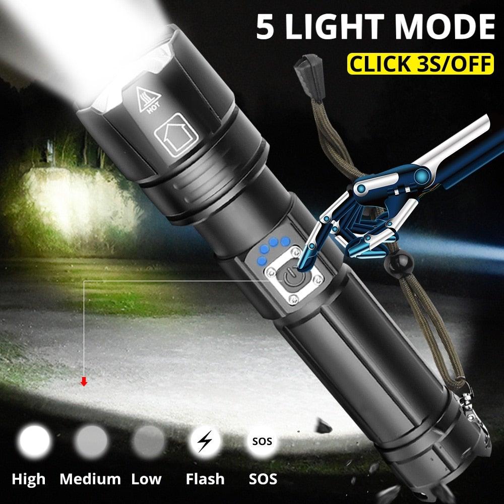 Lampe de poche LED rechargeable à haut lumen, USB, ultra-lumineuse, réglable, puissante, zoomable, résistante à l'eau pour un usage quotidien à la maison et en extérieur (camping, randonnée, course à pied)