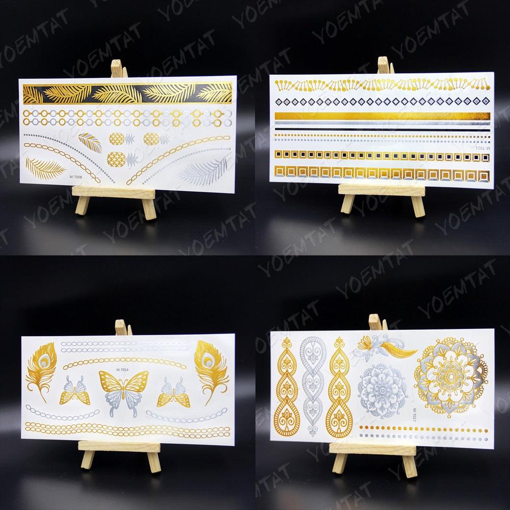 Nouvel Autocollant de Tatouage Temporaire Imperméable Doré Argenté Fleur Bijoux Flash Mode Différents Modèles Tatouages Pour Femmes