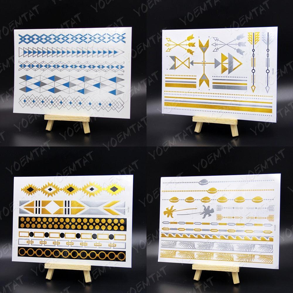 Nouvel Autocollant de Tatouage Temporaire Imperméable Doré Argenté Fleur Bijoux Flash Mode Différents Modèles Tatouages Pour Femmes