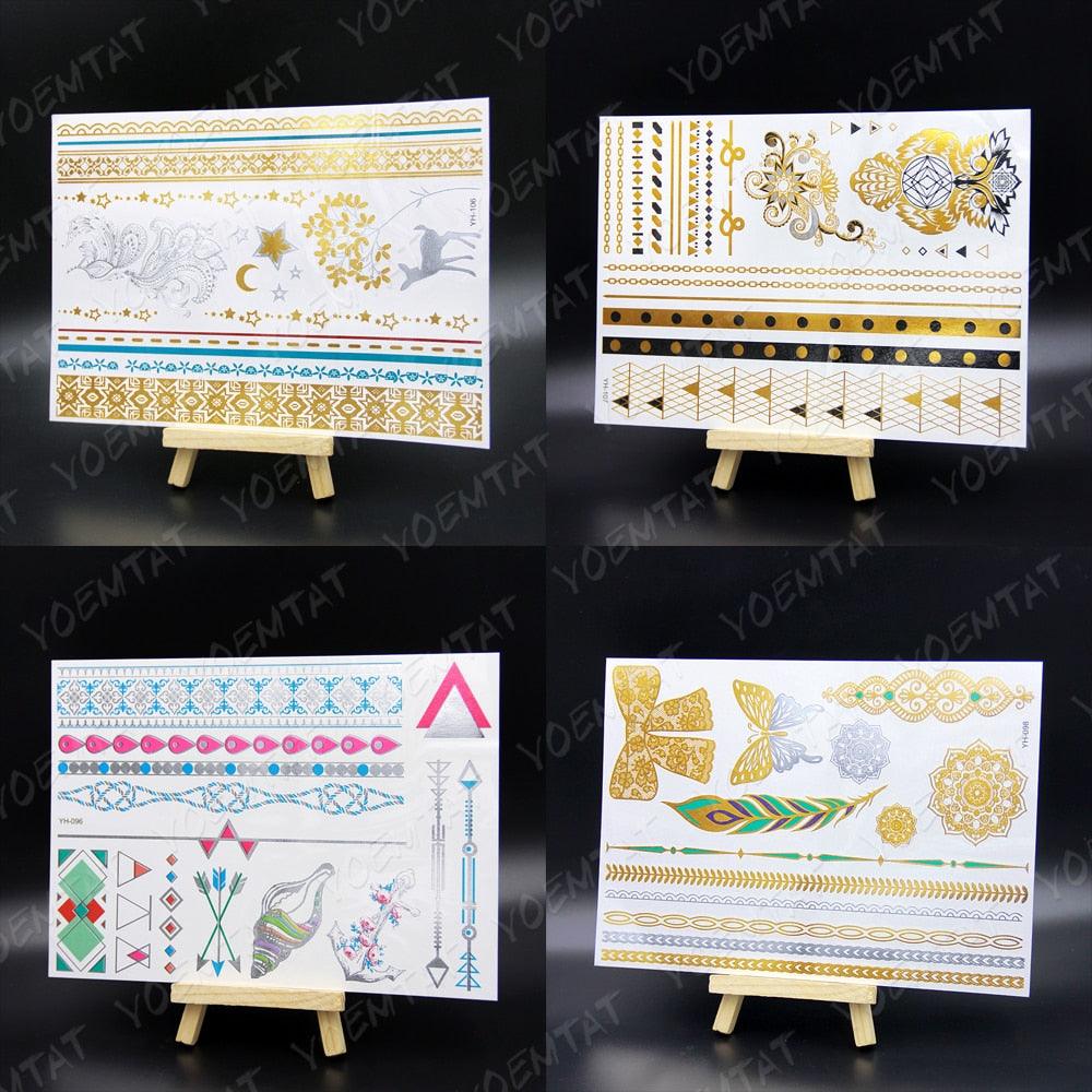 Nouvel Autocollant de Tatouage Temporaire Imperméable Doré Argenté Fleur Bijoux Flash Mode Différents Modèles Tatouages Pour Femmes