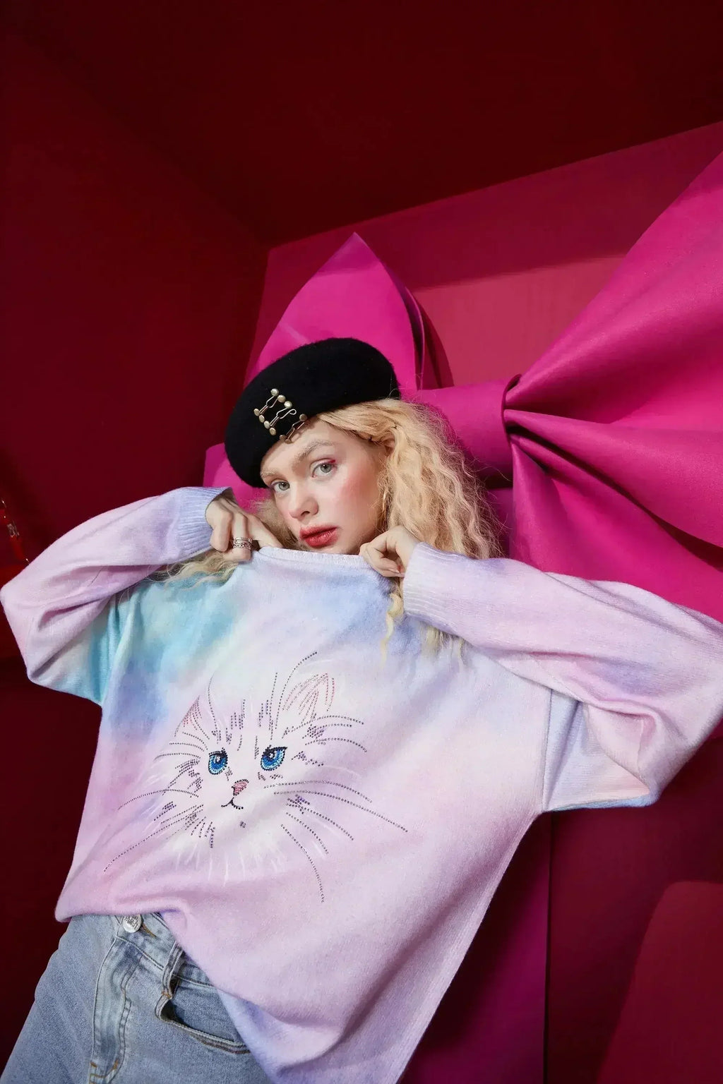 Chandails tricotés décontractés pour femmes, à col rond, imprimé chat dégradé, printemps