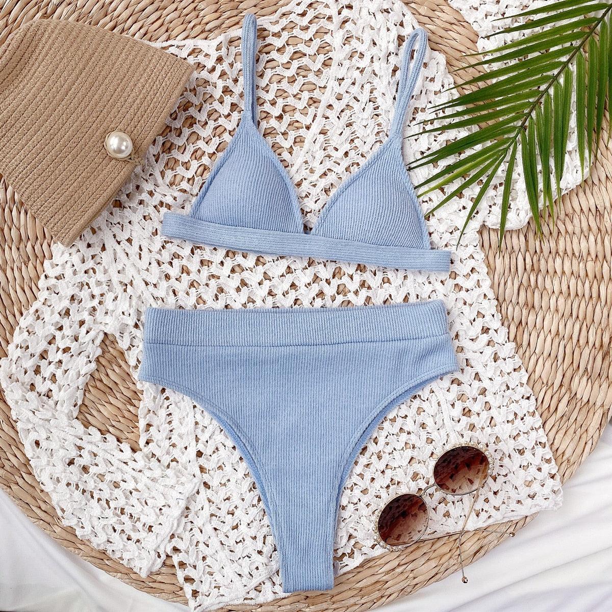 Maillot de bain bikini Femme Uni Maillot de bain bikini Set avec coussinet Taille haute Maillot de bain plage Femme Maillots de bain bikini 2 pièces Profond Col en V Maillot de bain Bretelles réglables Dos Maillots de bain