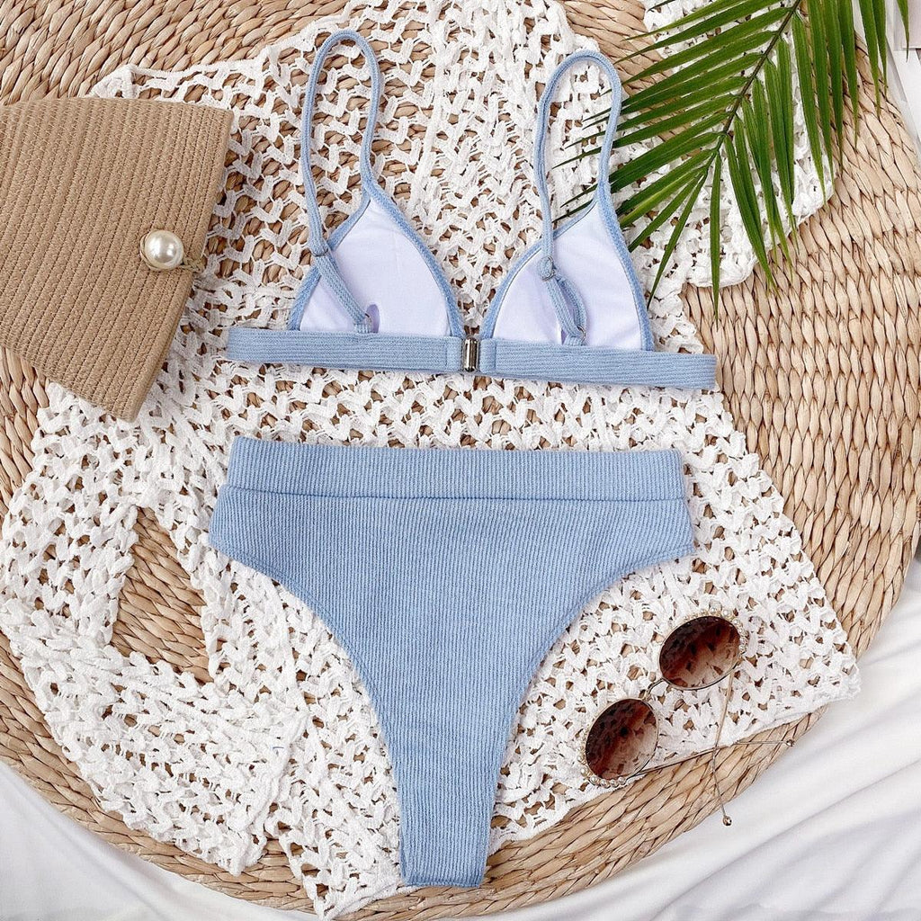 Maillot de bain bikini Femme Uni Maillot de bain bikini Set avec coussinet Taille haute Maillot de bain plage Femme Maillots de bain bikini 2 pièces Profond Col en V Maillot de bain Bretelles réglables Dos Maillots de bain