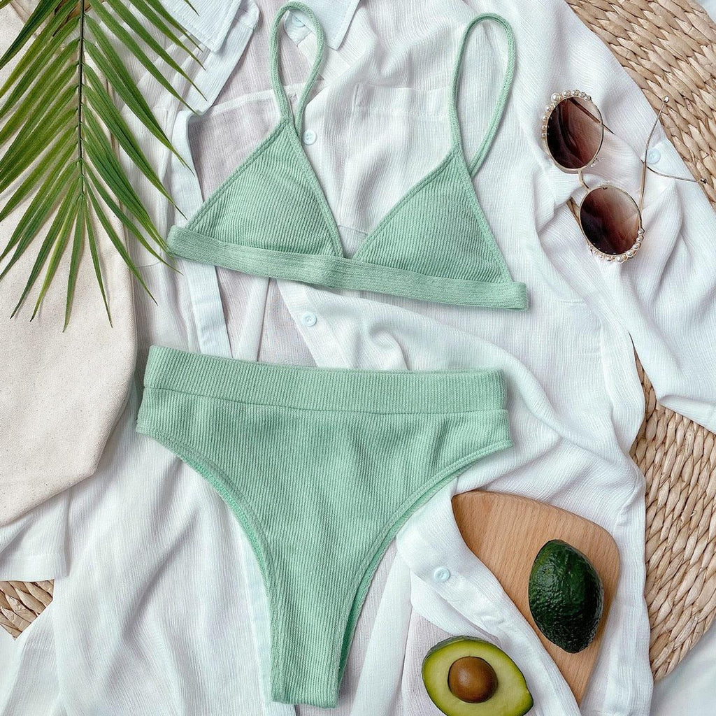 Maillot de bain bikini Femme Uni Maillot de bain bikini Set avec coussinet Taille haute Maillot de bain plage Femme Maillots de bain bikini 2 pièces Profond Col en V Maillot de bain Bretelles réglables Dos Maillots de bain