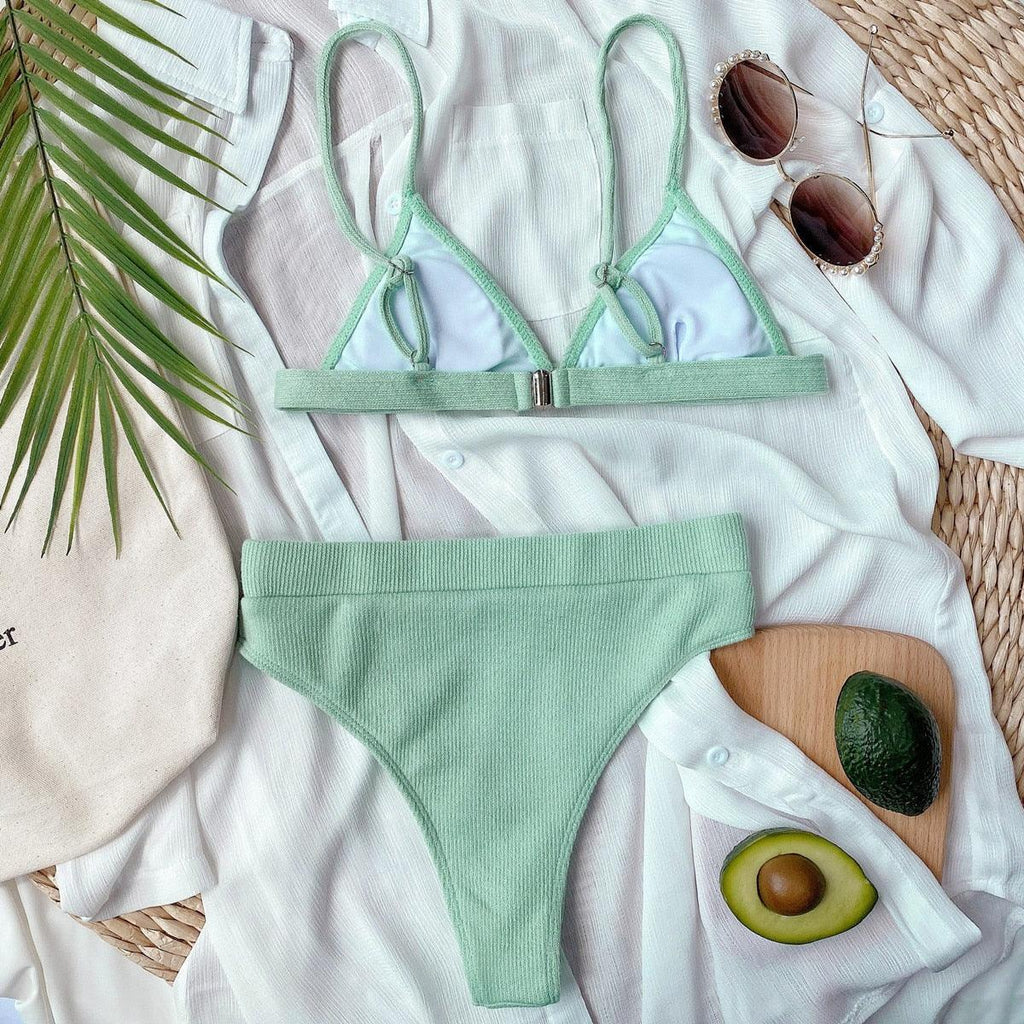 Maillot de bain bikini Femme Uni Maillot de bain bikini Set avec coussinet Taille haute Maillot de bain plage Femme Maillots de bain bikini 2 pièces Profond Col en V Maillot de bain Bretelles réglables Dos Maillots de bain