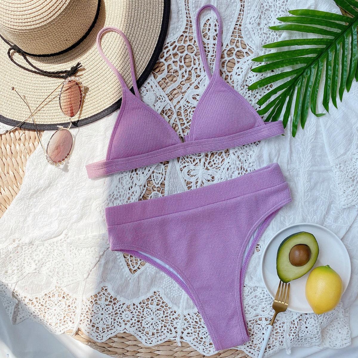 Maillot de bain bikini Femme Uni Maillot de bain bikini Set avec coussinet Taille haute Maillot de bain plage Femme Maillots de bain bikini 2 pièces Profond Col en V Maillot de bain Bretelles réglables Dos Maillots de bain