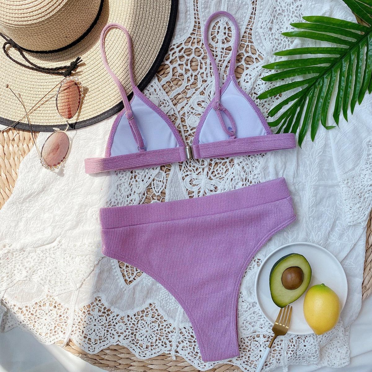 Maillot de bain bikini Femme Uni Maillot de bain bikini Set avec coussinet Taille haute Maillot de bain plage Femme Maillots de bain bikini 2 pièces Profond Col en V Maillot de bain Bretelles réglables Dos Maillots de bain