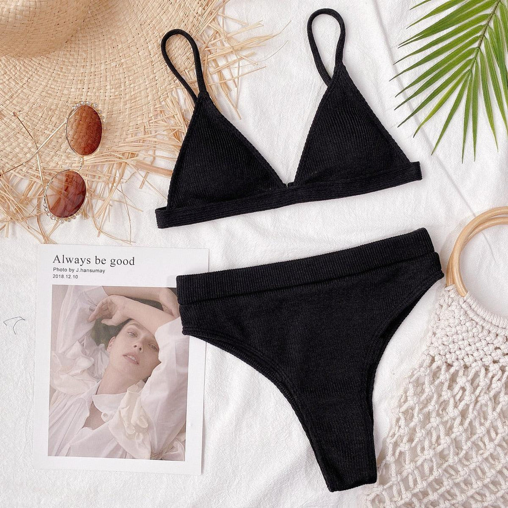 Maillot de bain bikini Femme Uni Maillot de bain bikini Set avec coussinet Taille haute Maillot de bain plage Femme Maillots de bain bikini 2 pièces Profond Col en V Maillot de bain Bretelles réglables Dos Maillots de bain