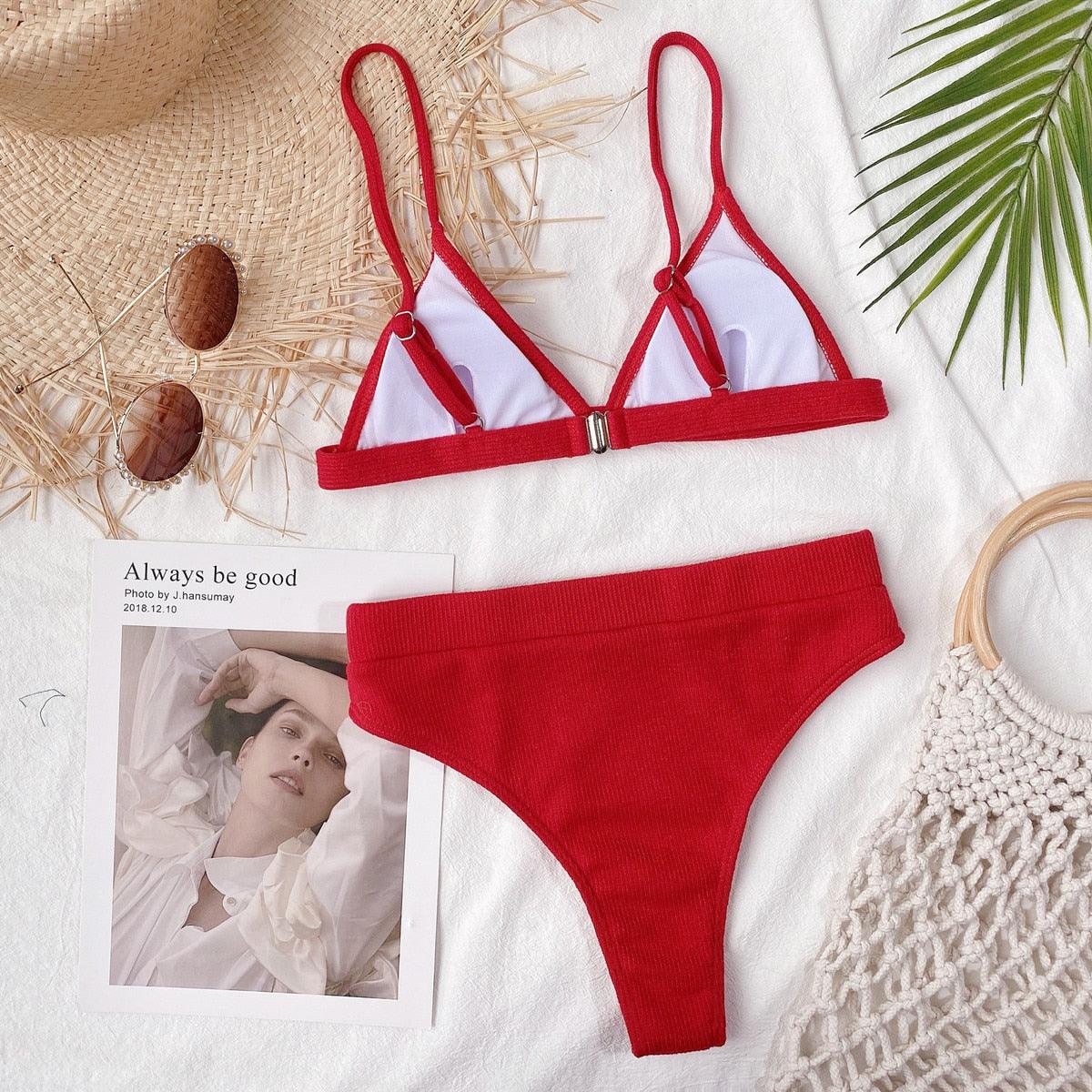 Maillot de bain bikini Femme Uni Maillot de bain bikini Set avec coussinet Taille haute Maillot de bain plage Femme Maillots de bain bikini 2 pièces Profond Col en V Maillot de bain Bretelles réglables Dos Maillots de bain