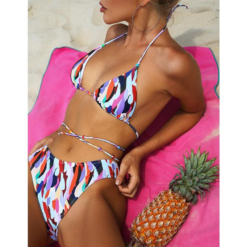 Fashion Triangle Femmes Micro Bikini Ensemble String Maillot De Bain Dos Nu Coupe Haute Maillots De Bain Femmes Vêtements De Plage Femmes Bikini Côtelé À Nouer Belle Culotte String Maillot De Bain