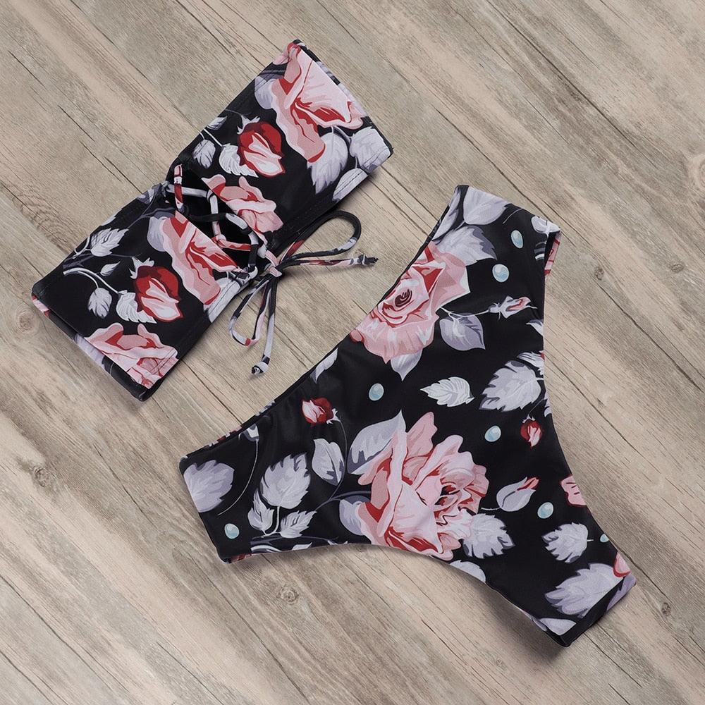 Maillot de Bain Bandage Bikini Femmes Maillot de Bain Taille Haute Ensemble Bikini Maillot de Bain Push Up Femmes Bretelles Spaghetti Bandeau Laçage Taille Haute Ensemble Bikini 2 Pièces