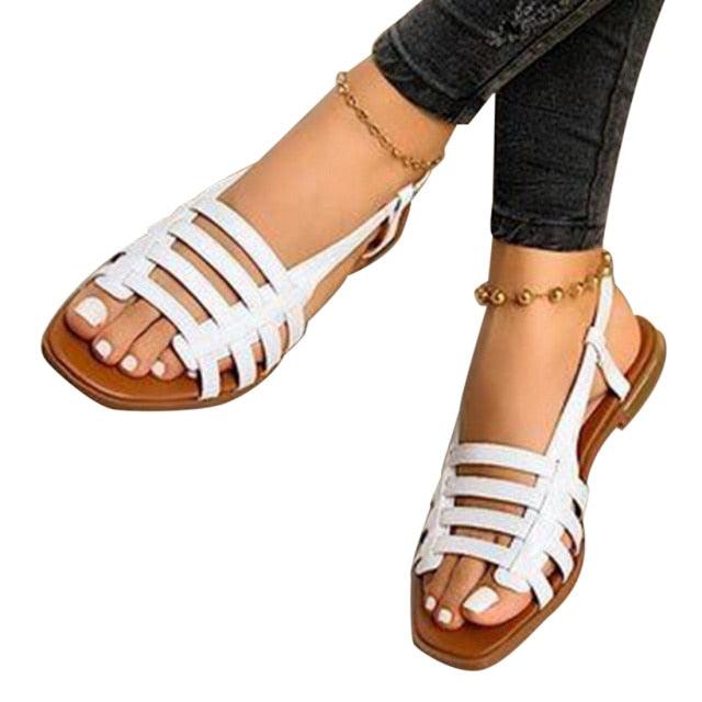 Sandales pour femmes d'été creuses Chaussures plates de plage à bout ouvert Chaussures plates pour dames Sandales plates à lanières Sandale décontractée réglable avec bride arrière à bout ouvert Sandales élégantes