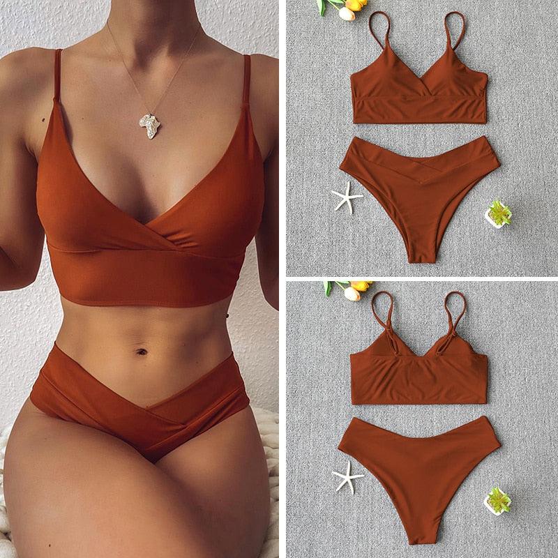 Maillot de bain solide pour femme, bikini push-up, bikini à licou croisé pour femme, maillot de bain à bretelles, ensemble de bikini, maillot de bain deux pièces pour femme