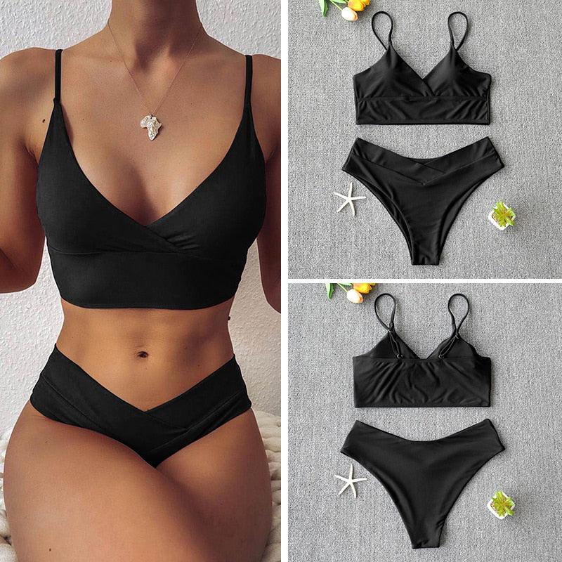 Maillot de bain solide pour femme, bikini push-up, bikini à licou croisé pour femme, maillot de bain à bretelles, ensemble de bikini, maillot de bain deux pièces pour femme