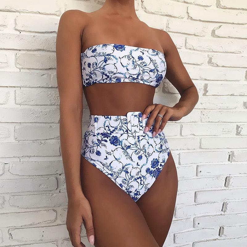Maillot de Bain Femme Taille Haute Bikini Noir Maillot de Bain Femme Maillot de Bain Jambe Haute Ensemble Bikini Femme Taille Haute Bandeau Bikini sans Bretelles 2 Pièces Maillots de Bain Attachés Maillots de Bain pour Femme
