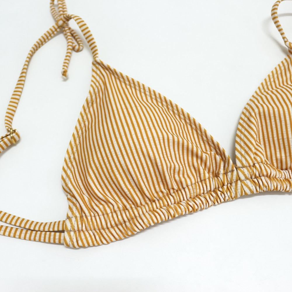 Ensemble bikini taille haute avec ceinture, maillot de bain rayé, bandeau noué devant, vêtements de plage pour femmes, maillot de bain, ensemble bikini rayé push-up amovible et rembourré, maillot de bain deux pièces