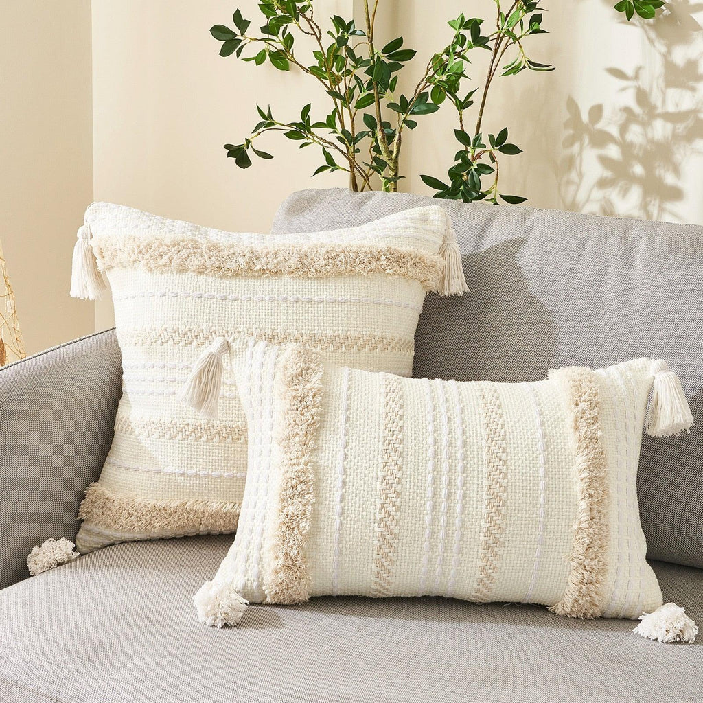 Housse de coussin en coton et lin, taie d'oreiller touffetée beige, housses de coussin décoratives tendance en coton tissé à la main, housses de coussin touffetées pour chambre à coucher et maison