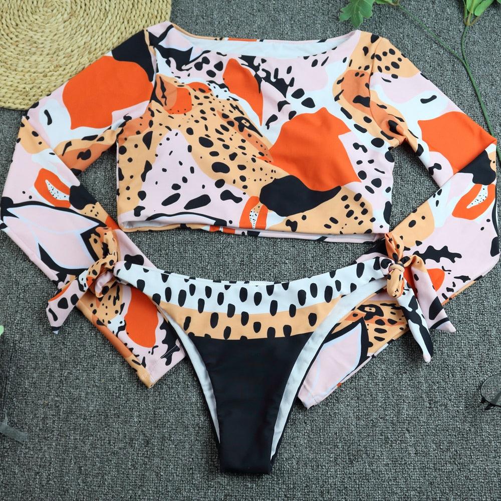 Maillot de bain de surf pour femme Bikini manches longues Maillot de bain imprimé tigre Push Up Maillot de bain d'été deux pièces Rash Guard de surf Bikini manches longues Ensemble maillot de bain