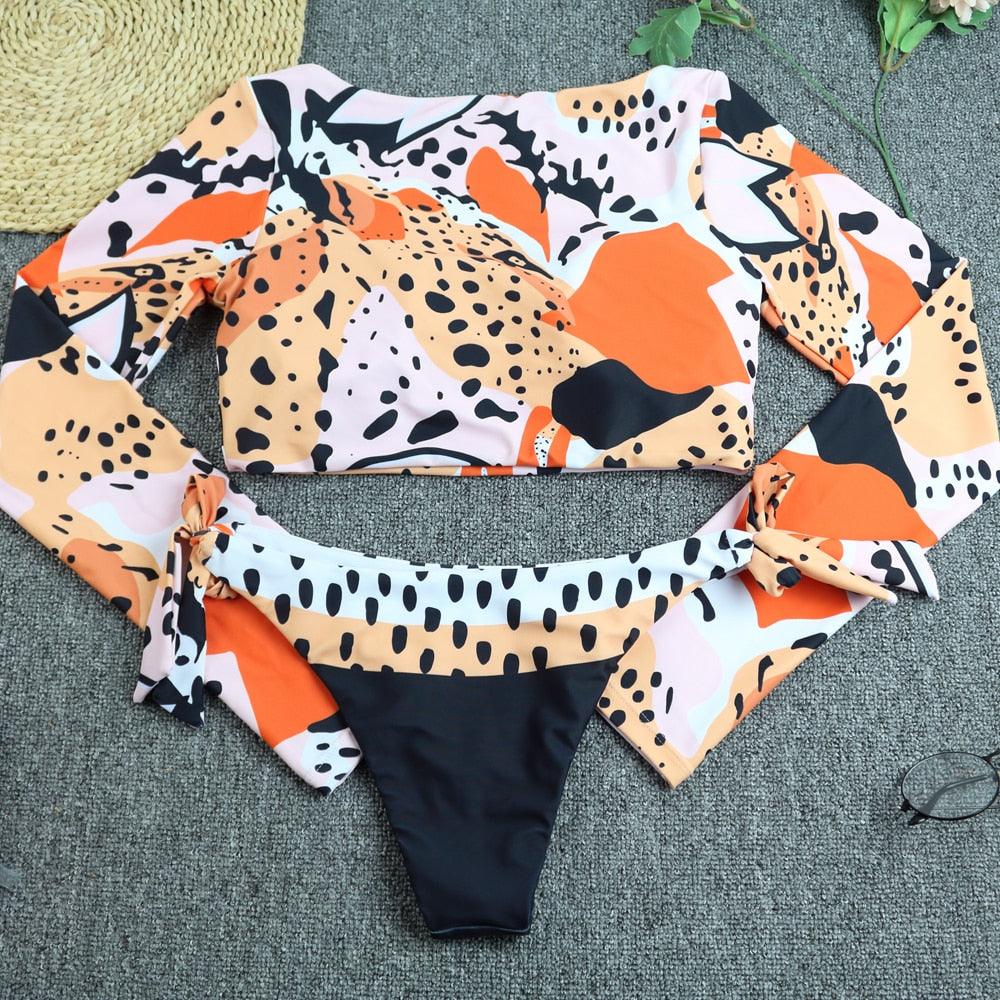 Maillot de bain de surf pour femme Bikini manches longues Maillot de bain imprimé tigre Push Up Maillot de bain d'été deux pièces Rash Guard de surf Bikini manches longues Ensemble maillot de bain
