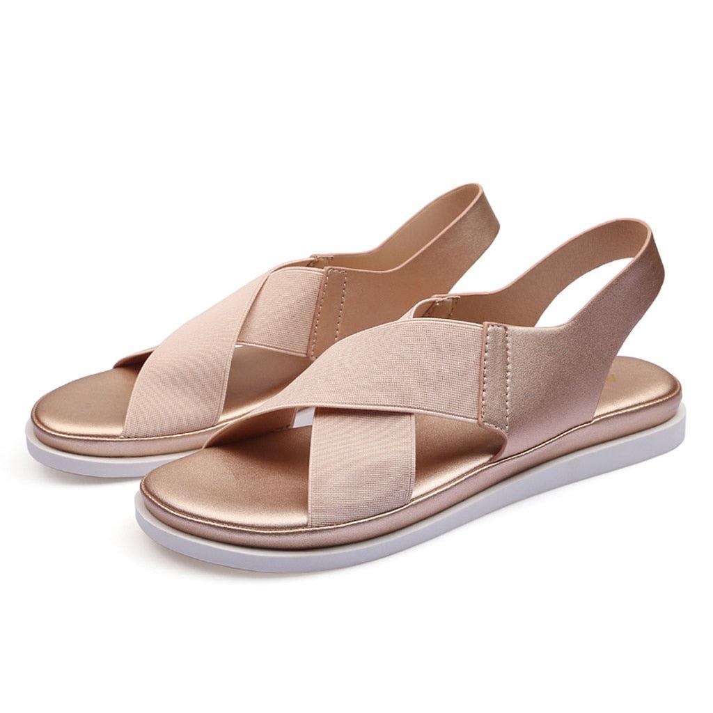 Sandales d'été confortables à enfiler pour femmes en textile élastique Sandales de plage décontractées pour femmes Classiques Antidérapantes Légères Plates Sandales de mode Sandales plates à bride de cheville