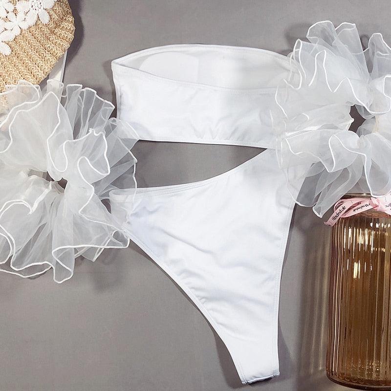 Maillot de bain en maille à volants pour femme, bikini sans bretelles, maillot de bain taille haute pour femme, ensemble bikini noir et rose, maillot de bain à volants jaune, maillot de bain deux pièces à volants