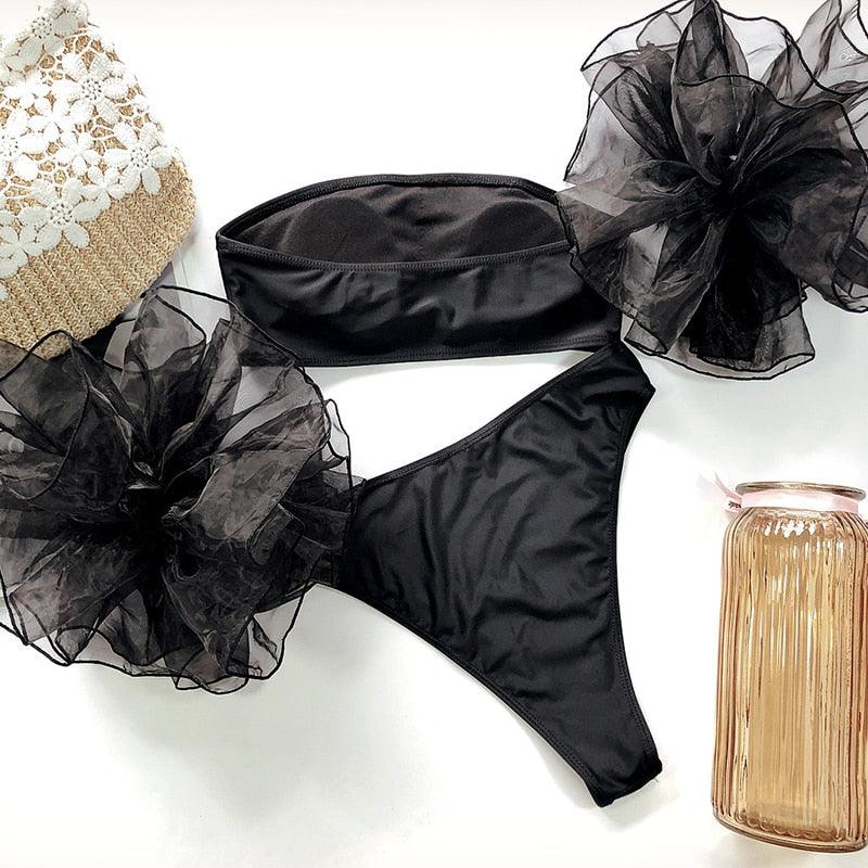Maillot de bain en maille à volants pour femme, bikini sans bretelles, maillot de bain taille haute pour femme, ensemble bikini noir et rose, maillot de bain à volants jaune, maillot de bain deux pièces à volants