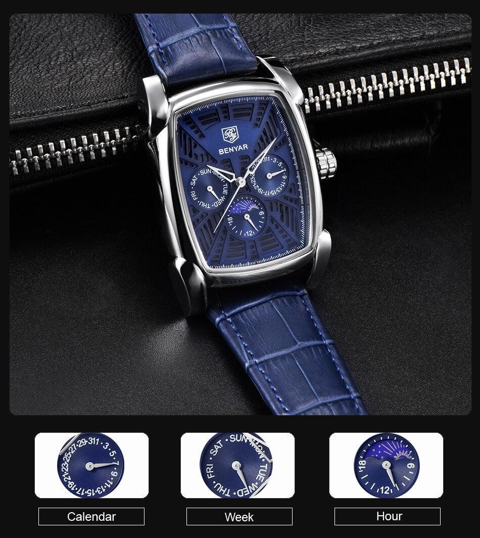 Montre carrée de luxe pour homme, analogique, étanche, à quartz, sport, bracelet en cuir élégant, design business pour homme