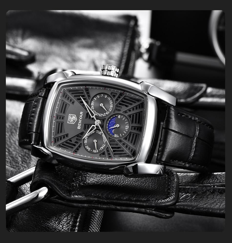Montre carrée de luxe pour homme, analogique, étanche, à quartz, sport, bracelet en cuir élégant, design business pour homme