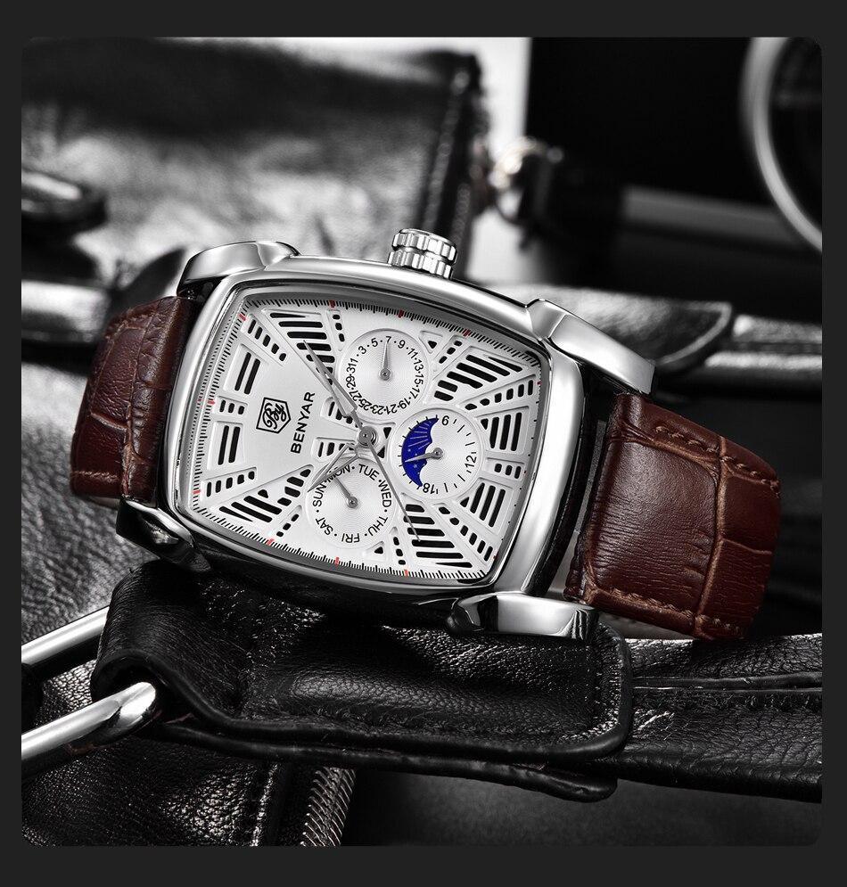 Montre carrée de luxe pour homme, analogique, étanche, à quartz, sport, bracelet en cuir élégant, design business pour homme