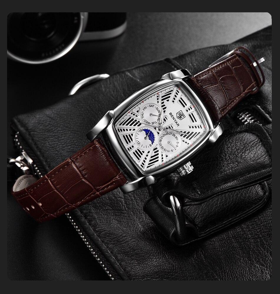 Montre carrée de luxe pour homme, analogique, étanche, à quartz, sport, bracelet en cuir élégant, design business pour homme