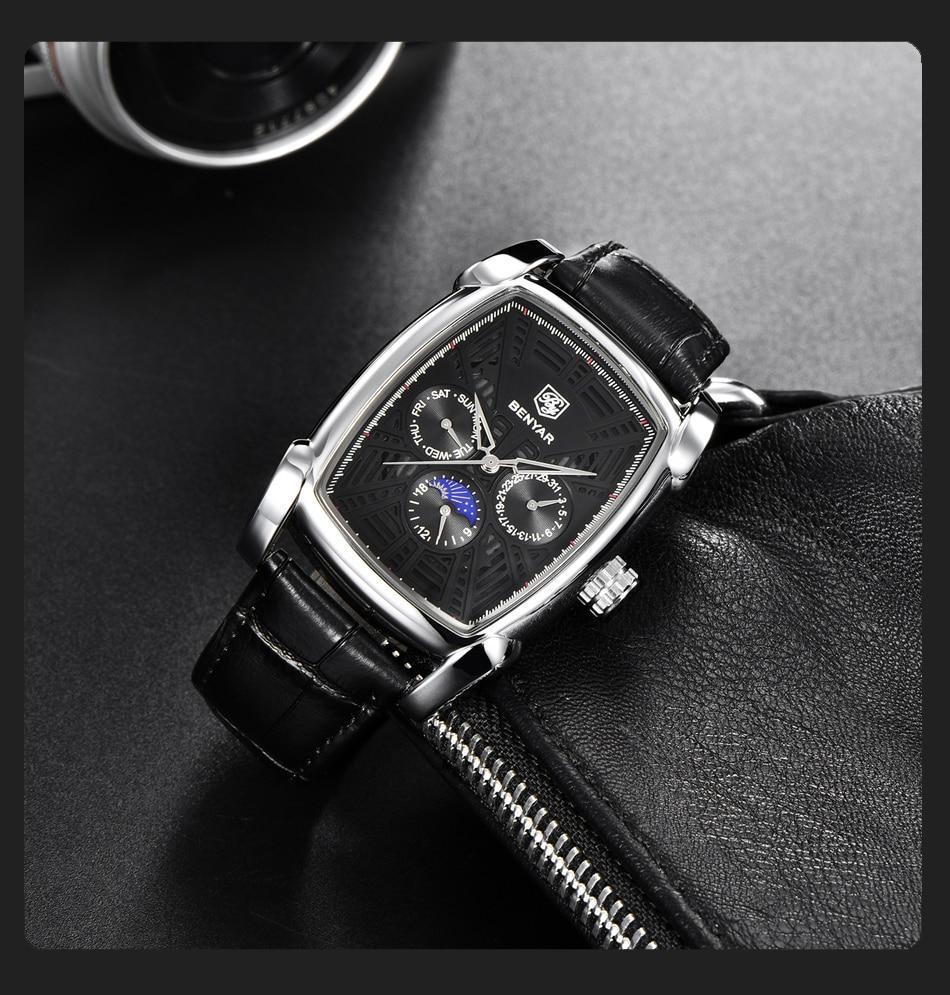 Montre carrée de luxe pour homme, analogique, étanche, à quartz, sport, bracelet en cuir élégant, design business pour homme
