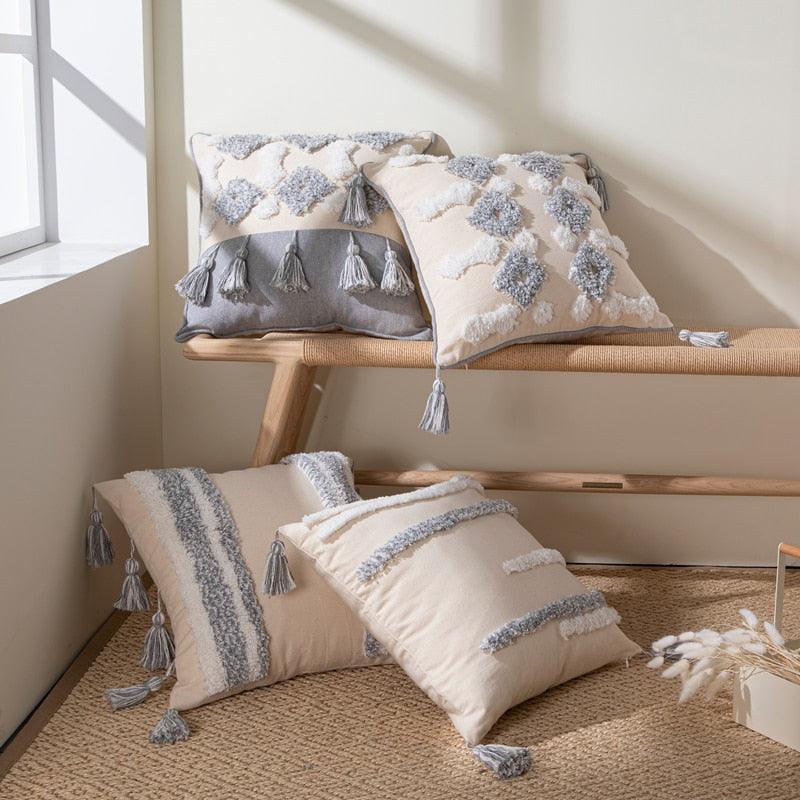 Housse de coussin en coton et lin, taie d'oreiller touffetée beige, housses de coussin décoratives tendance en coton tissé à la main, housses de coussin touffetées pour chambre à coucher et maison