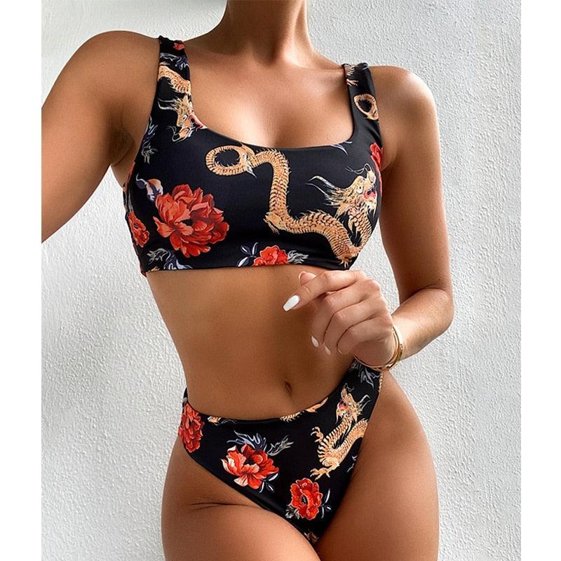 Maillot de bain bikini taille haute bleu moderne push-up femme ensemble bikini imprimé dragon maillot de bain rétro femme maillots de bain bikini taille haute push-up torsadé deux pièces maillots de bain gainants
