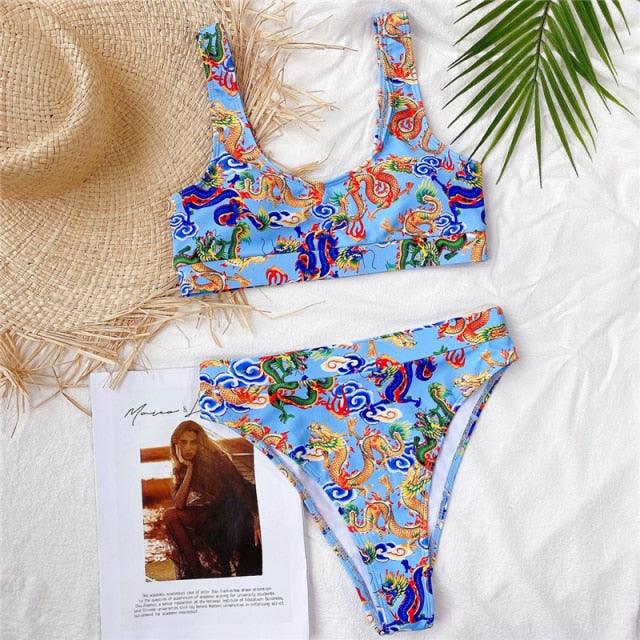 Maillot de bain bikini taille haute bleu moderne push-up femme ensemble bikini imprimé dragon maillot de bain rétro femme maillots de bain bikini taille haute push-up torsadé deux pièces maillots de bain gainants