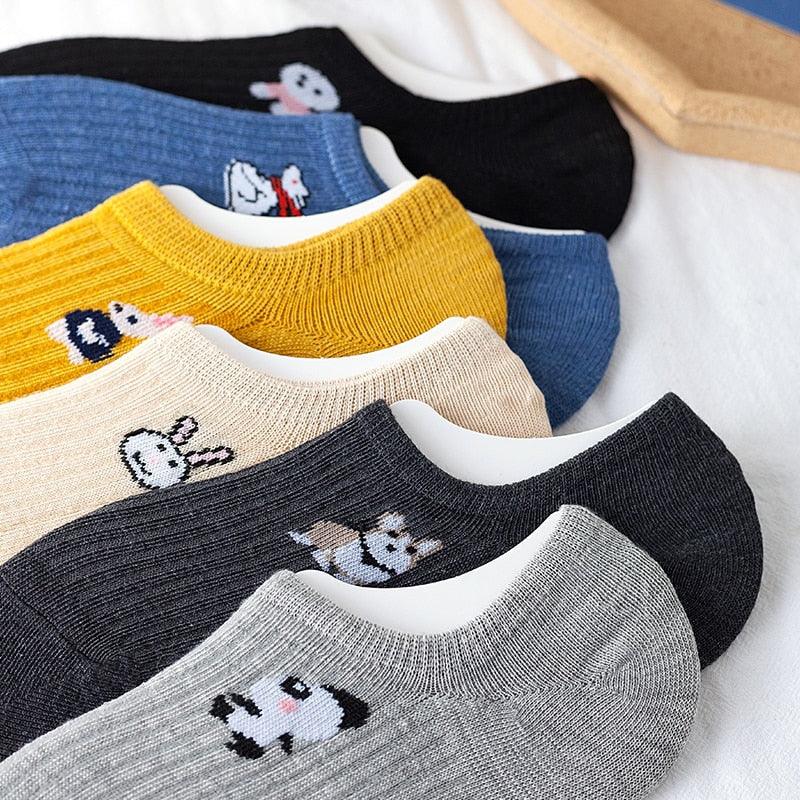 5 paires de chaussettes mignonnes à imprimé animal Kawaii, invisibles, amusantes, pour femmes, en coton, pour l'été, en silicone antidérapant, socquettes bateau pour hommes et femmes