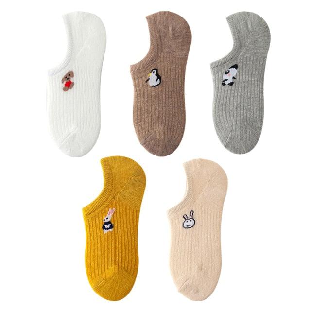 5 paires de chaussettes mignonnes à imprimé animal Kawaii, invisibles, amusantes, pour femmes, en coton, pour l'été, en silicone antidérapant, socquettes bateau pour hommes et femmes