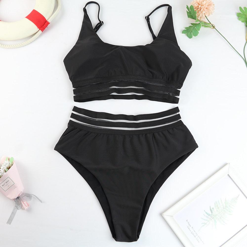 Maillot de bain de luxe pour femme, bikini noir, taille haute, 2 pièces, ensemble de maillot de bain, maillot de bain de plage pour femme, ensemble bikini bandage taille haute deux pièces, push-up