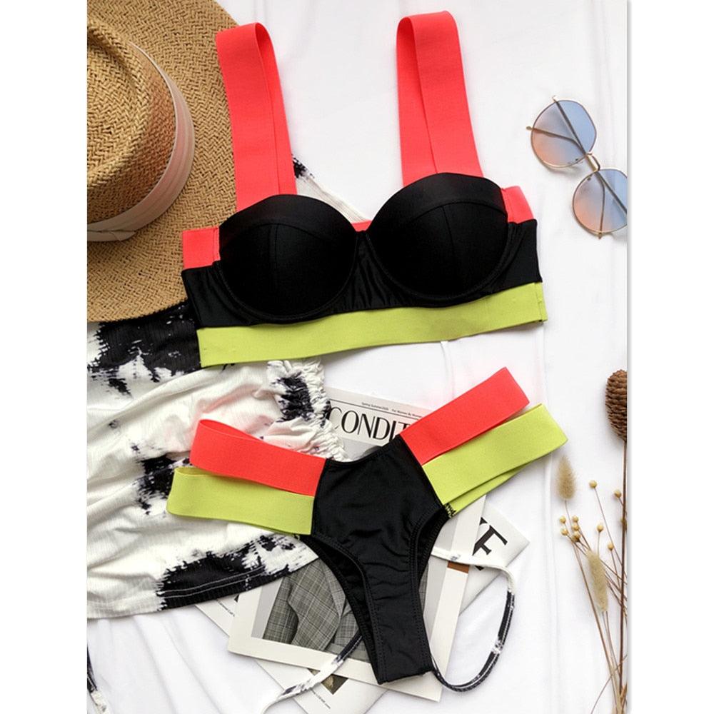 Maillot de bain de luxe pour femme, bikini noir, taille haute, 2 pièces, ensemble de maillot de bain, maillot de bain de plage pour femme, ensemble bikini bandage taille haute deux pièces, push-up