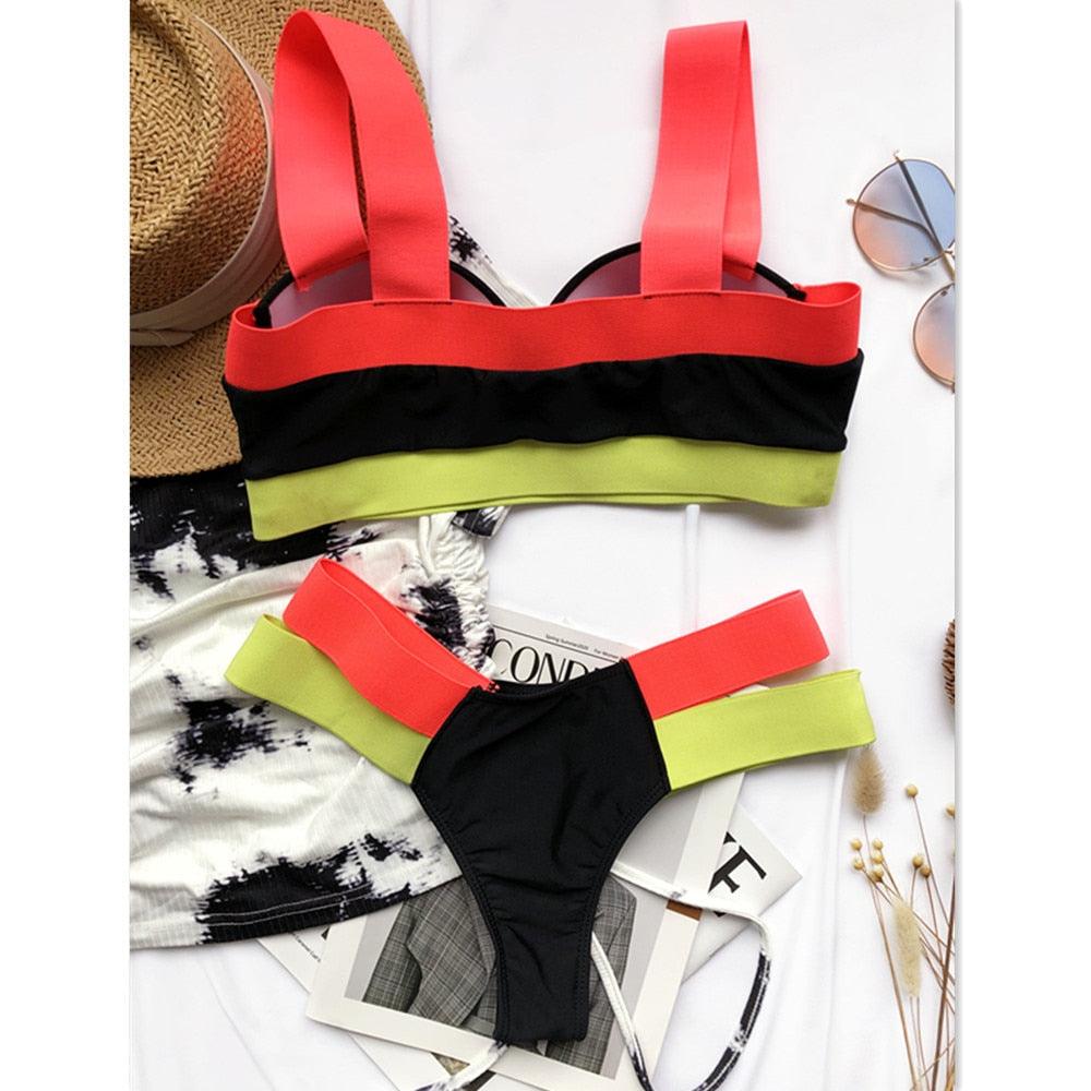 Maillot de bain de luxe pour femme, bikini noir, taille haute, 2 pièces, ensemble de maillot de bain, maillot de bain de plage pour femme, ensemble bikini bandage taille haute deux pièces, push-up