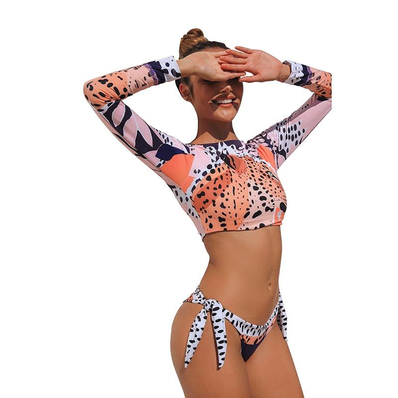 Maillot de bain de surf pour femme Bikini manches longues Maillot de bain imprimé tigre Push Up Maillot de bain d'été deux pièces Rash Guard de surf Bikini manches longues Ensemble maillot de bain