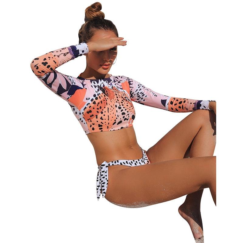 Maillot de bain de surf pour femme Bikini manches longues Maillot de bain imprimé tigre Push Up Maillot de bain d'été deux pièces Rash Guard de surf Bikini manches longues Ensemble maillot de bain