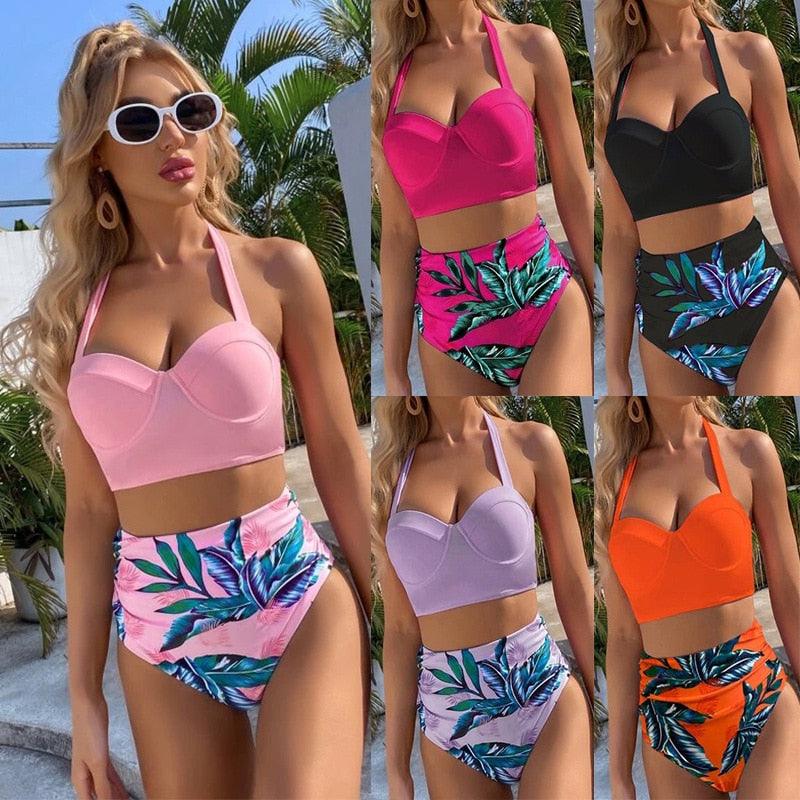 Maillot de bain bikini taille haute imprimé feuilles pour femme, maillot de bain push-up, maillot de bain vintage, maillot de bain femme vintage avec armatures taille haute, maillot de bain deux pièces avec licol à lacets et haut de bikini réglable