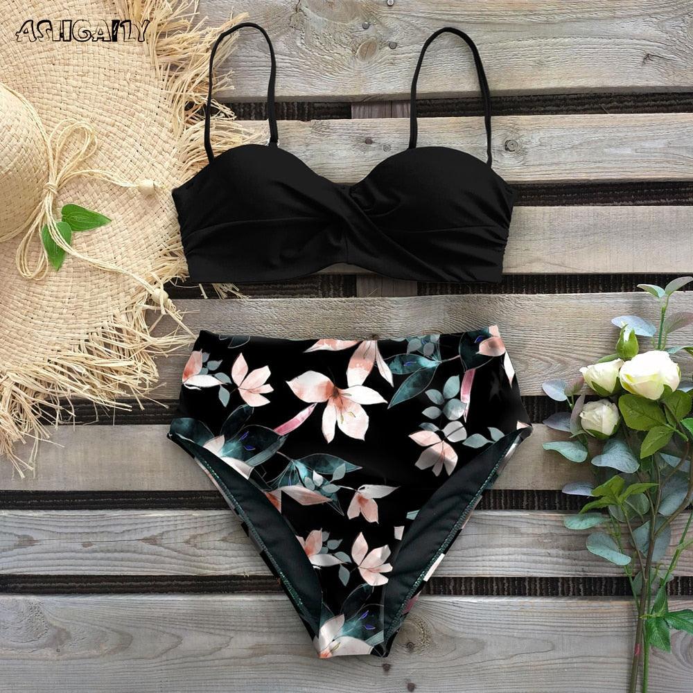 Maillot de bain bikini pour femme, push-up, ensemble bikini imprimé feuilles, taille haute pour femme, maillot de bain imprimé floral, devant torsadé, ensemble bikini taille haute.