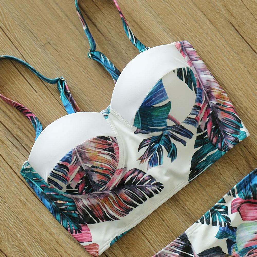 Ensemble de bikini taille haute Push Up Bandage Maillot de bain Deux Pièces Maillot de bain Bretelles Femmes Ensemble de bikini taille haute Athlétique Deux Pièces Maillot de bain sportif Col rond Pour adolescentes avec short