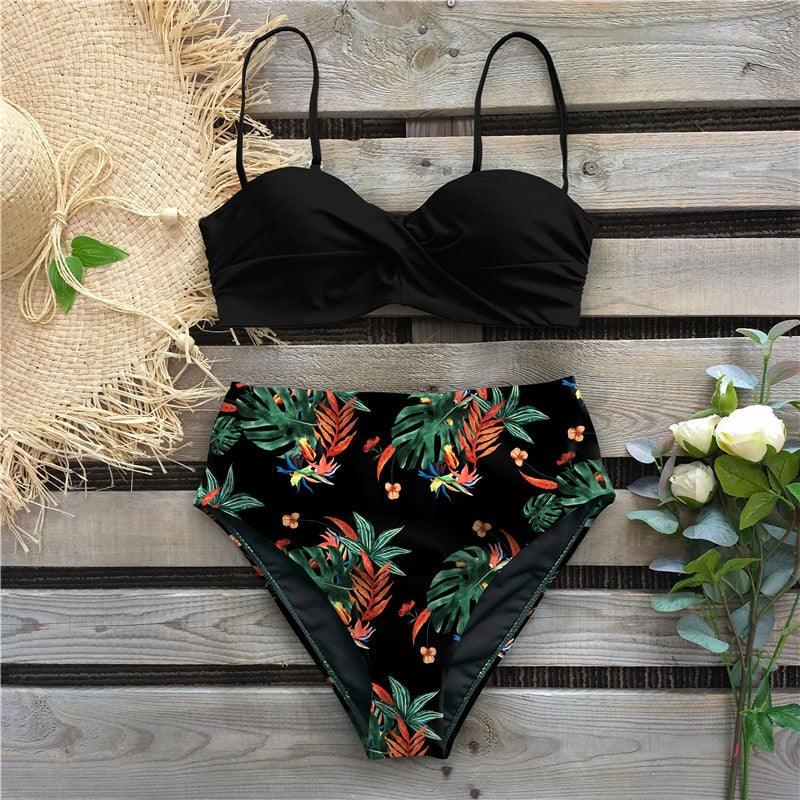 Bikini Maillot de Bain Femme Push Up Ensemble Bikini Taille Haute Maillots de Bain Deux Pièces Femme Maillot de Bain Imprimé Uni Rembourré Push-Up Maillot de Bain Volanté Beachwear