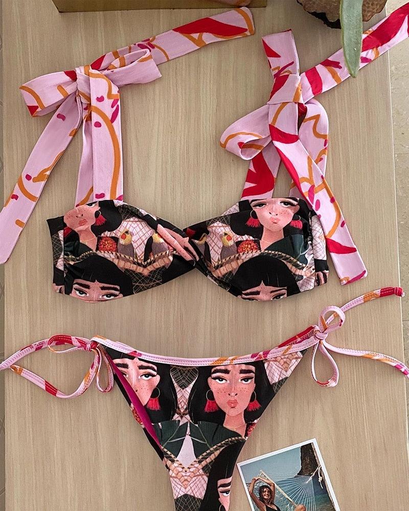 Bikini Maillot de Bain Femme Push Up Ensemble Bikini Taille Haute Maillots de Bain Deux Pièces Femme Maillot de Bain Imprimé Uni Rembourré Push-Up Maillot de Bain Volanté Beachwear