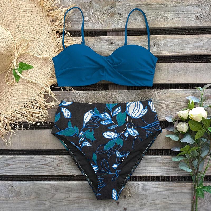 Bikini Maillot de Bain Femme Push Up Ensemble Bikini Taille Haute Maillots de Bain Deux Pièces Femme Maillot de Bain Imprimé Uni Rembourré Push-Up Maillot de Bain Volanté Beachwear