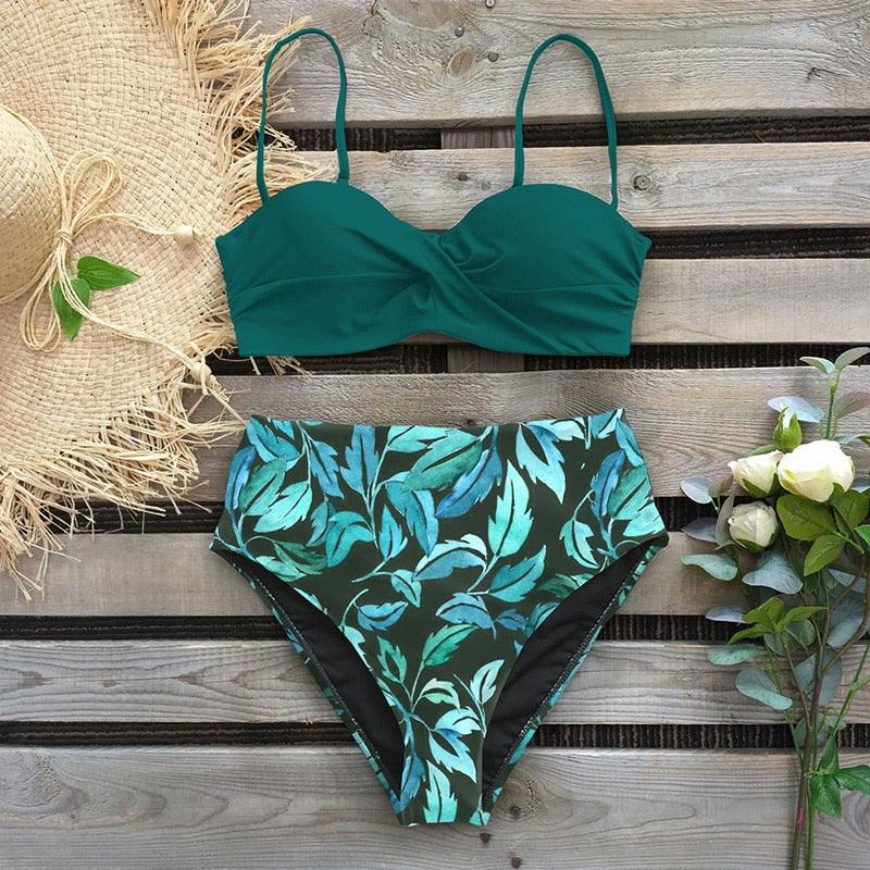 Bikini Maillot de Bain Femme Push Up Ensemble Bikini Taille Haute Maillots de Bain Deux Pièces Femme Maillot de Bain Imprimé Uni Rembourré Push-Up Maillot de Bain Volanté Beachwear